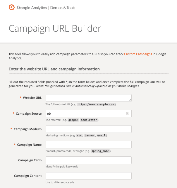 Example of Google Campaign UTM Builder