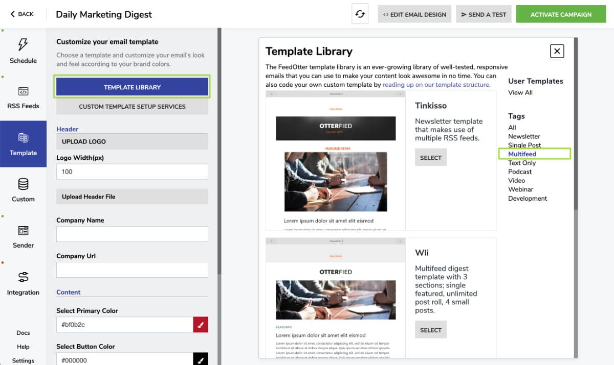 A screenshot of the FeedOtter email template library settings