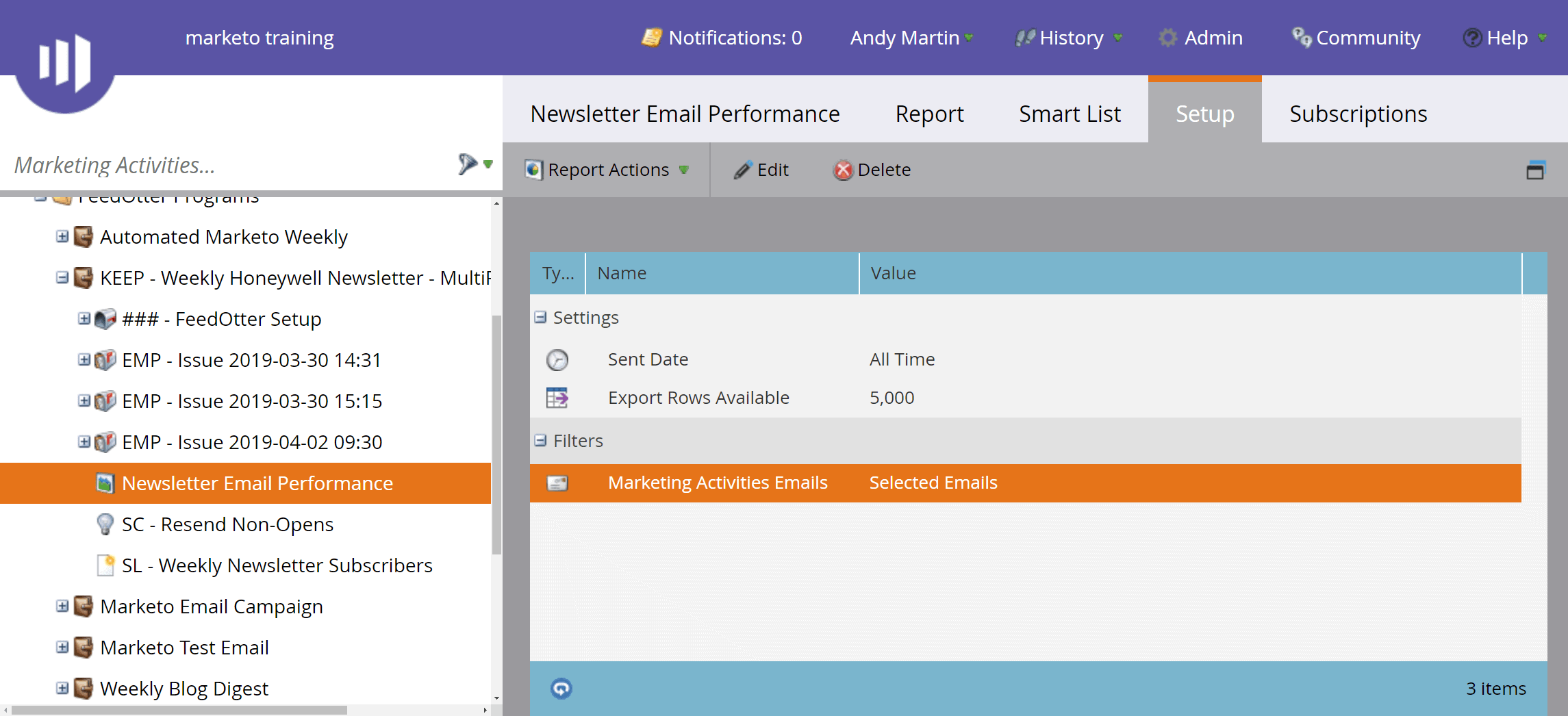 Marketo email performance report setup