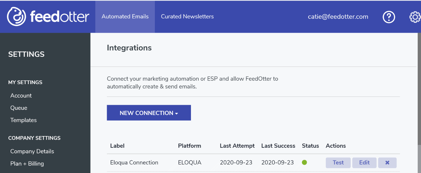 Test new Eloqua RSS FeedOtter Connection