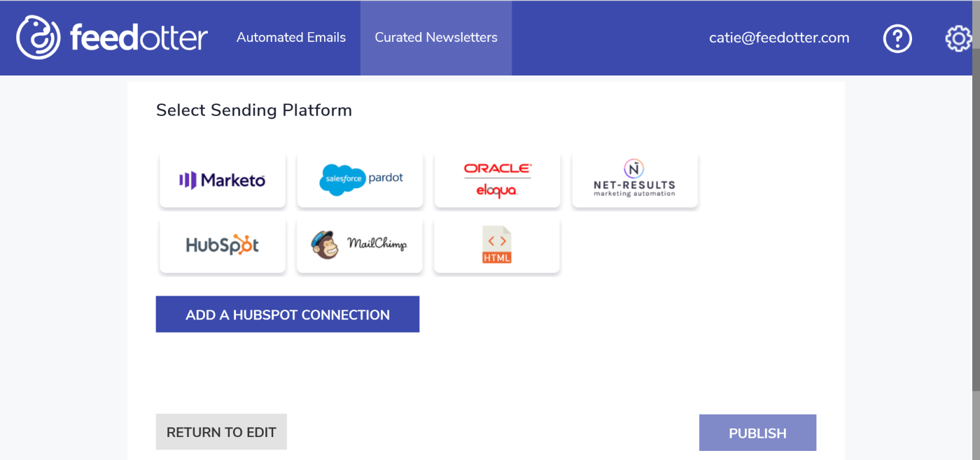 Add a Hubspot connection to send your Hubspot email newsletter with FeedOtter