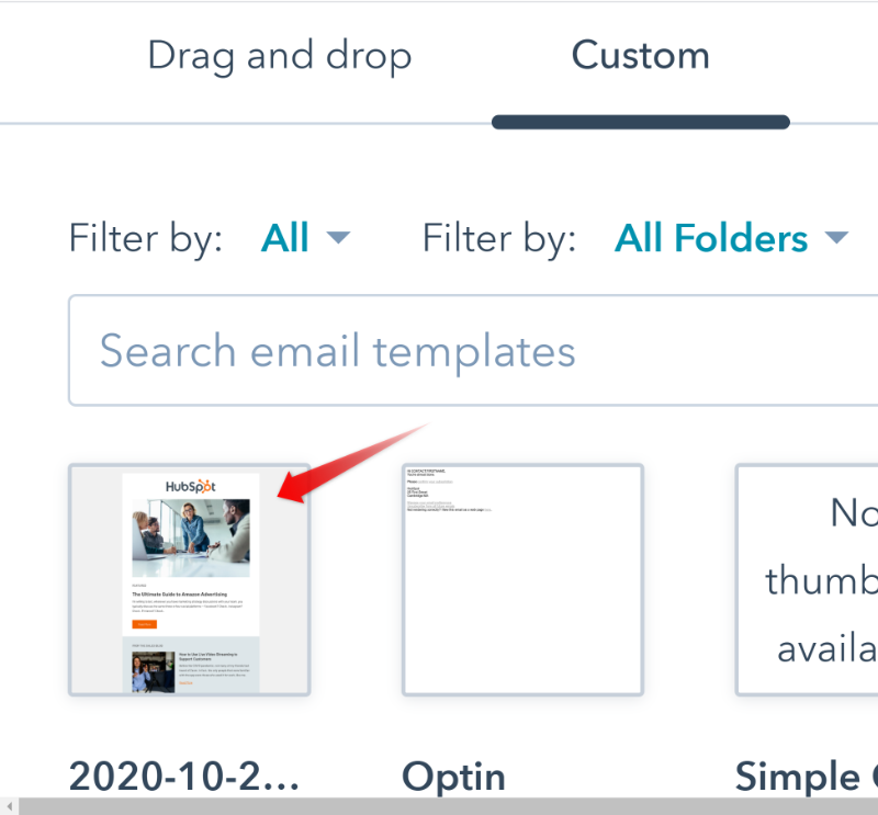 Choose your Hubspot email newsletter in Custom email template options