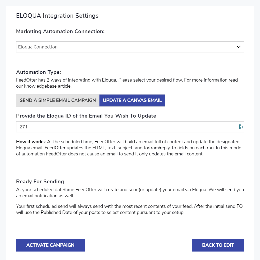 Update A Canvas Email for Eloqua in FeedOtter