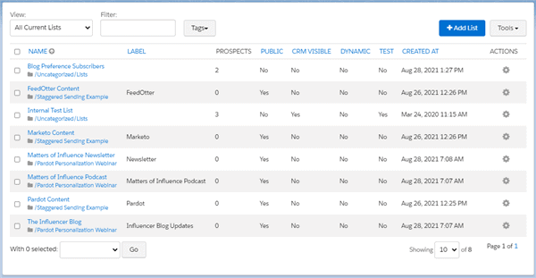 Pardot Lists for creating personalized content emails