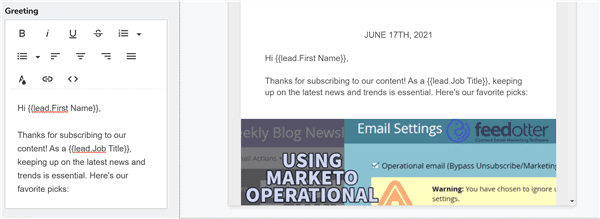 Marketo email template using personalization tokens