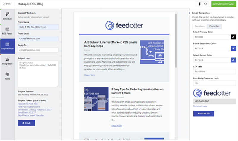 Customize your Hubspot RSS email in FeedOtter to match your branding