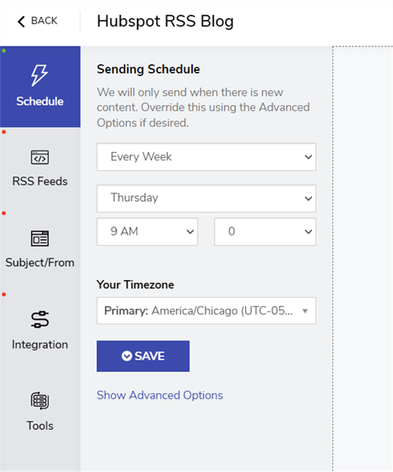 Add sending schedule for Hubspot RSS email