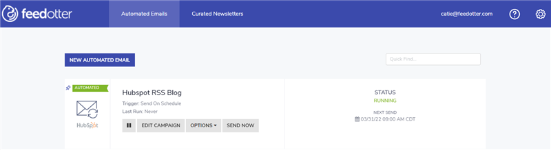 Hubspot RSS email campaign running in FeedOtter