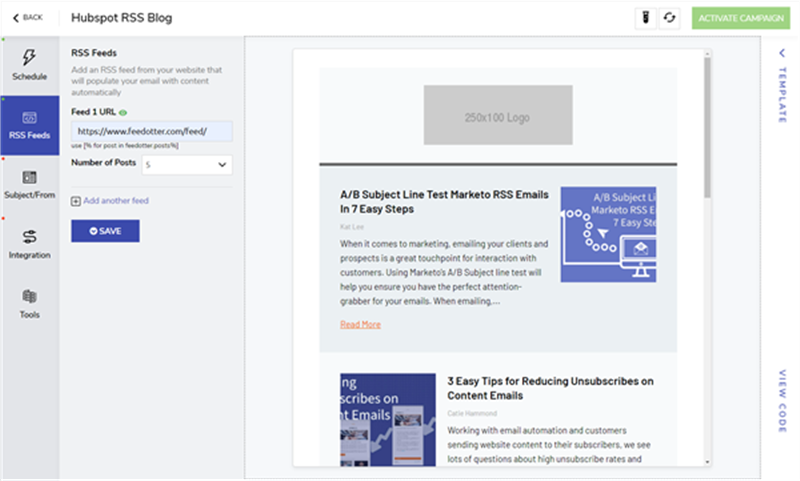 Add your RSS feed for Hubspot RSS email in FeedOtter