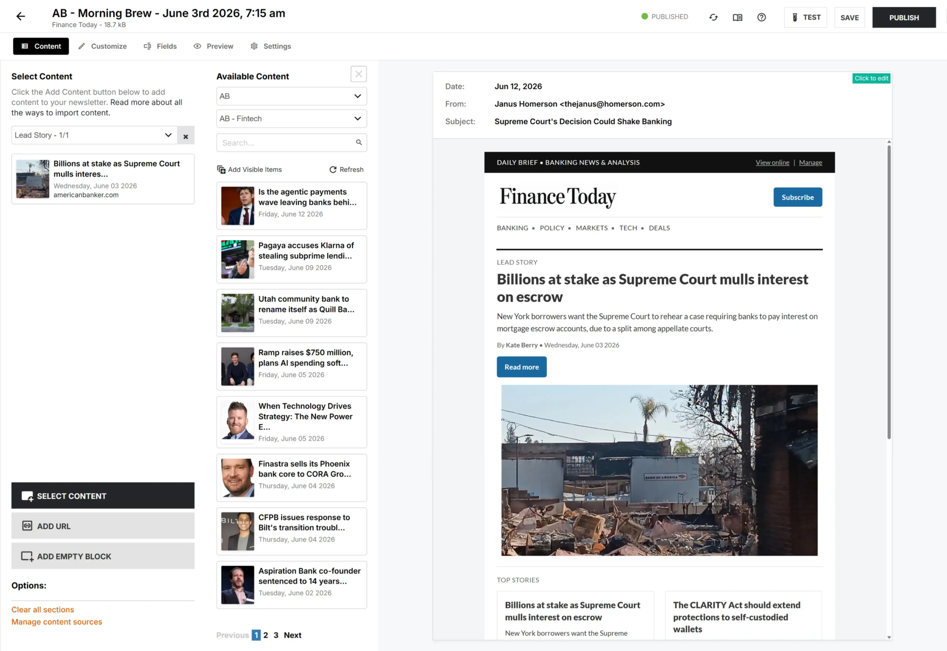 Feedotter curated newsletter dashboard showing content selection next to a finished Finance Today email layout