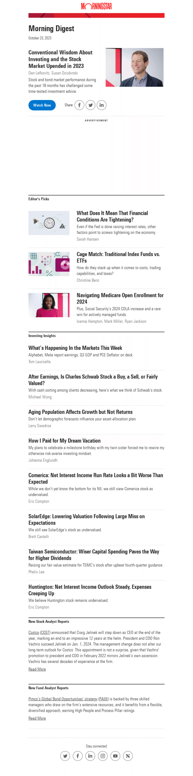 Example curated newsletter for financial services, showing a compliance reviewed markets brief layout