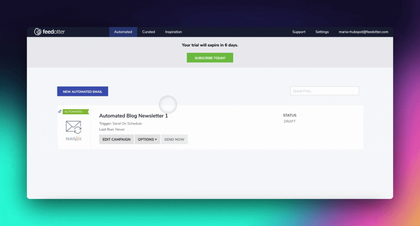 A GIF showing how to set up an automated email in Feedotter