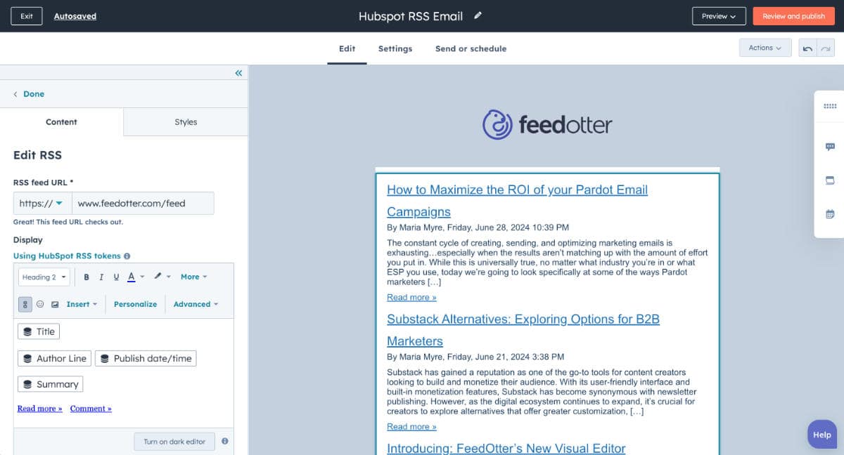 A screenshot of the HubSpot RSS email designer settings