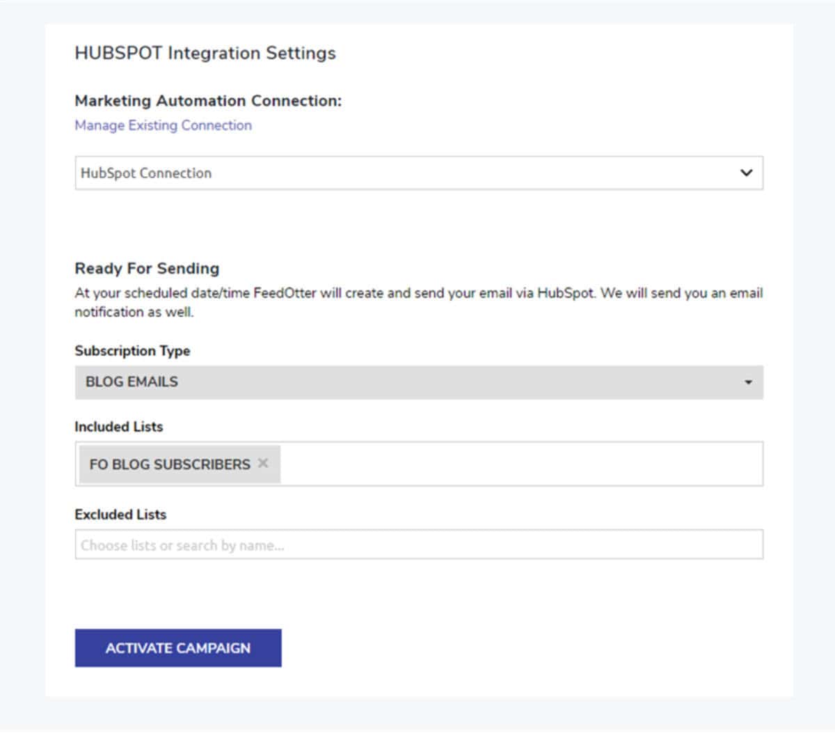 Hubspot RSS email integration settings
