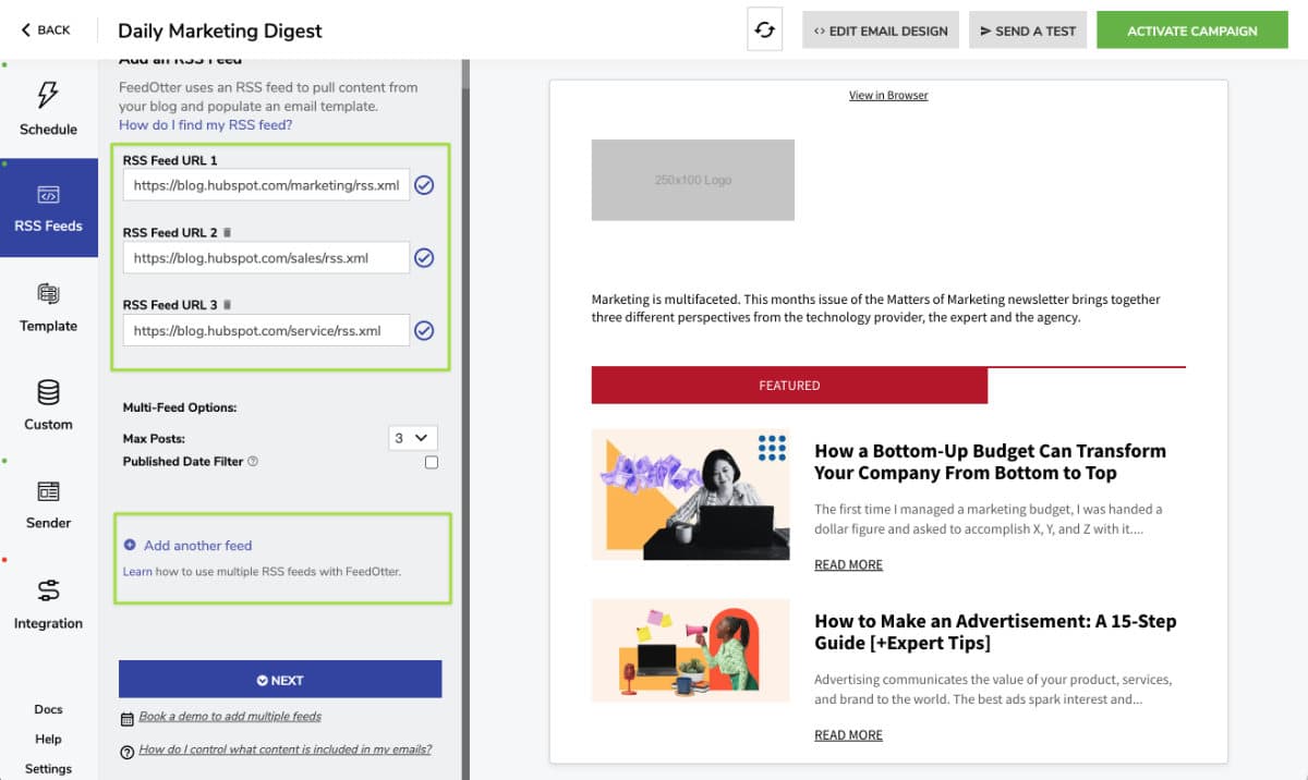 A screenshot of the Feedotter interface showing how to add multiple RSS feeds to an email