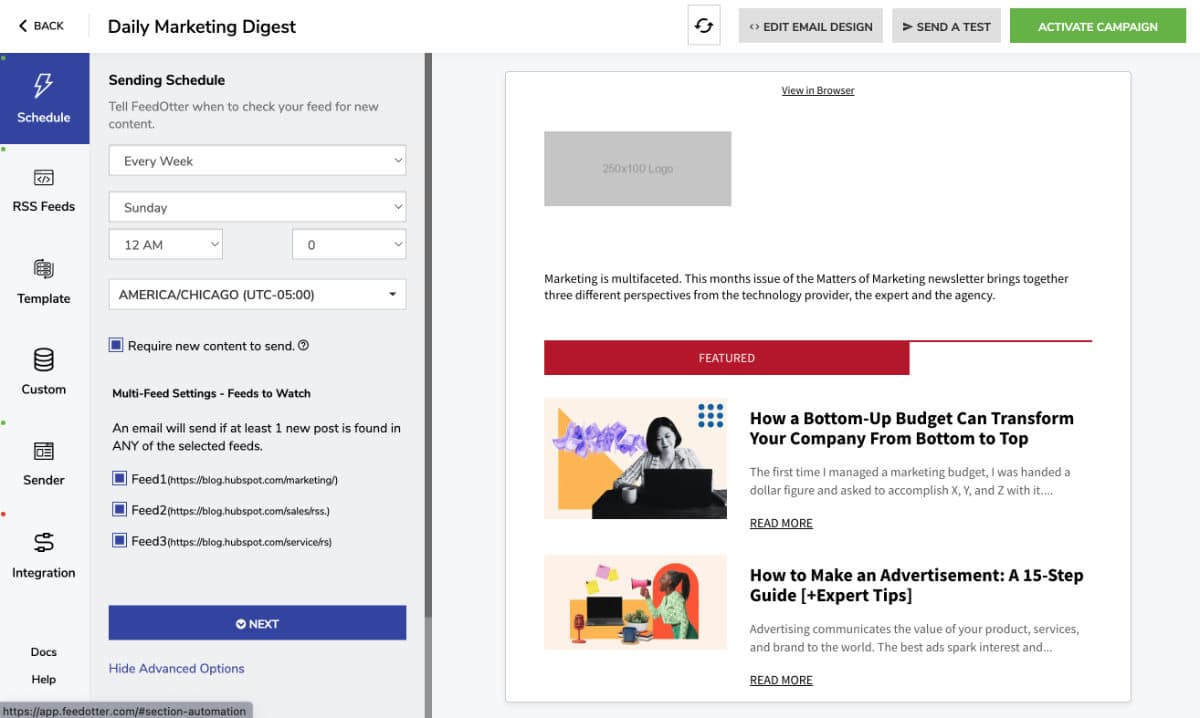 A screenshot of the Feedotter settings for scheduling an automated email