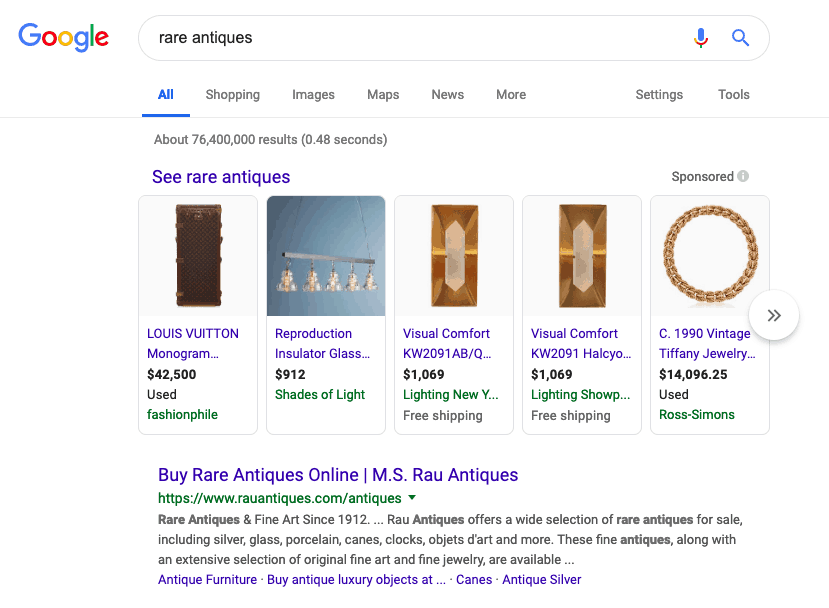 Customer Story: How M.S. Rau Antiques in New Orleans Acquires Affluent Clientele 8 Organic Search Results