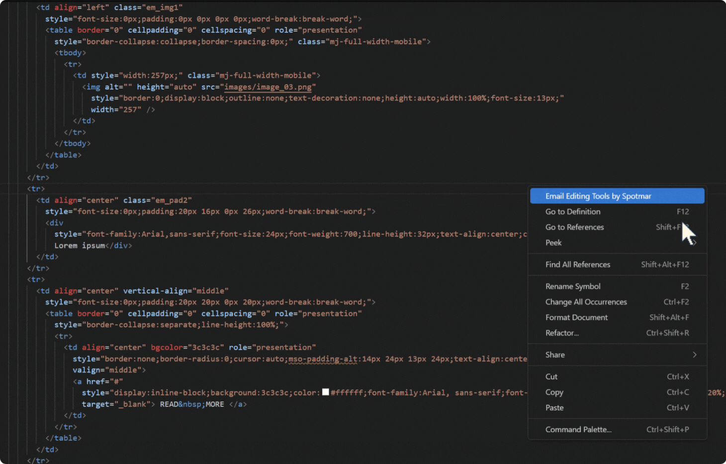 html email coding visual studio code