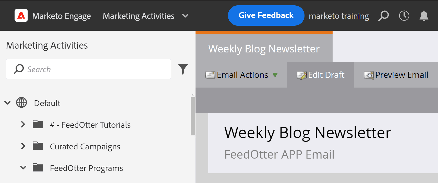 Using the Marketo Operational Email Feature With Feedotter In 4 Easy Steps 2 Edit Draft Feedotter email in Marketo
