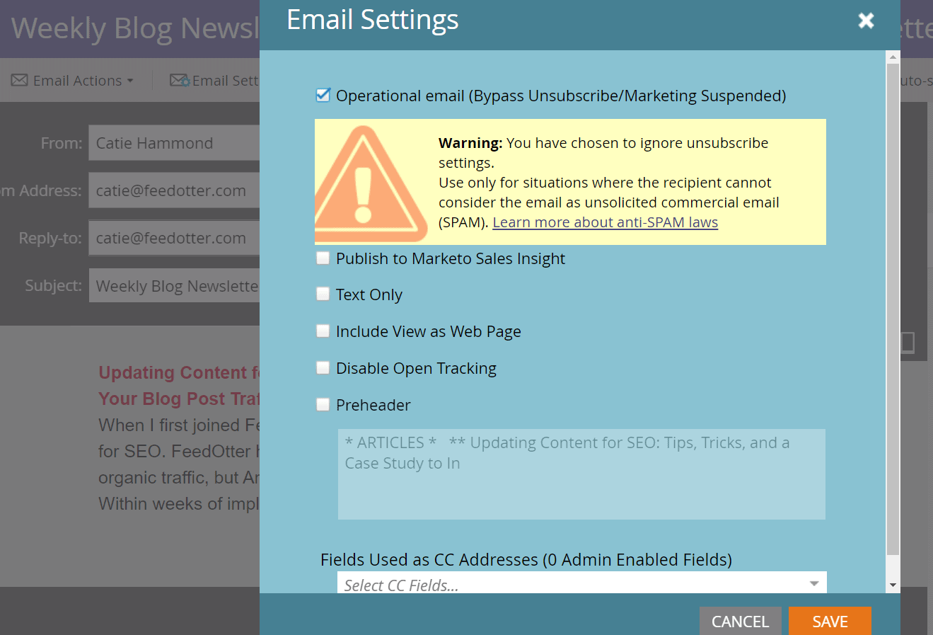 Using the Marketo Operational Email Feature With Feedotter In 4 Easy Steps 3 Email settings in Marketo to create Marketo Operational email