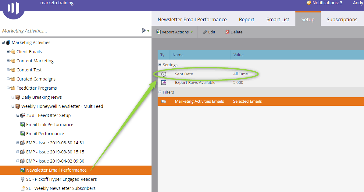Creating Accurate RSS Email Reports in Marketo 1 Configure the Sent Date rss report parameter