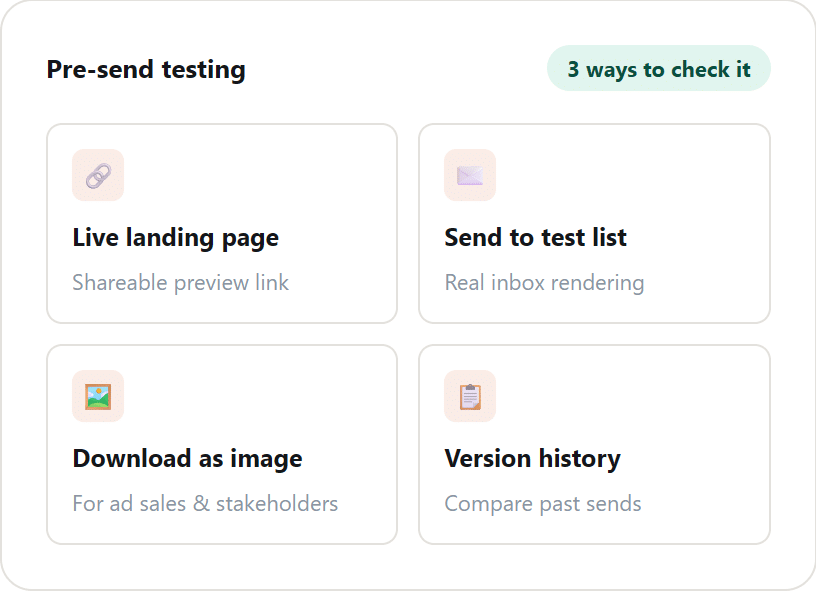 Feedotter newsletter builder testing tools: live landing page preview, test list send, and downloadable image export