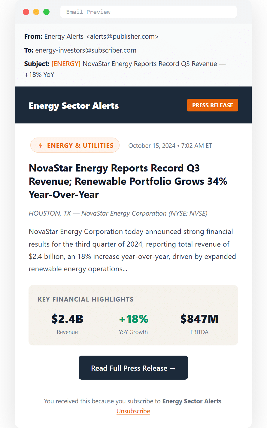 Sample financial press release email generated by Feedotter's press release automation, showing an Energy sector earnings alert delivered only to subscribers with matching industry interests