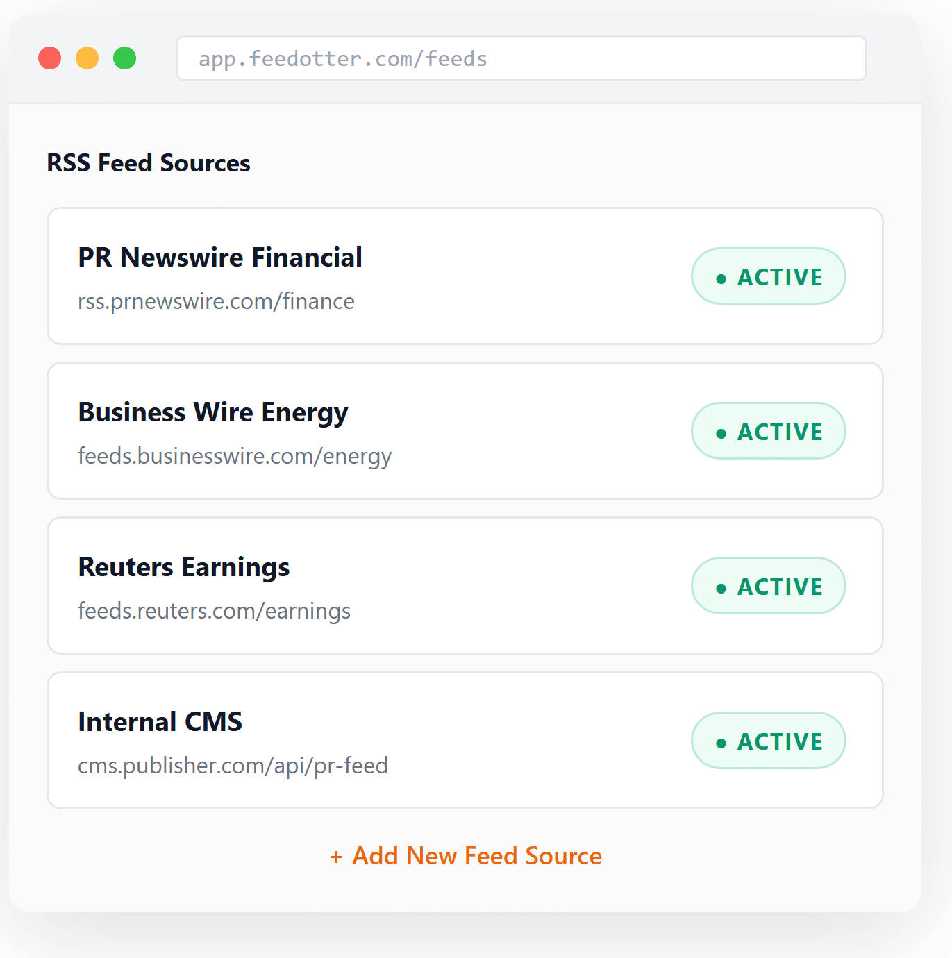 Feedotter press release automation interest matching screen showing Energy, Healthcare, and Financial Services subscriber segments configured for automatic press release routing
